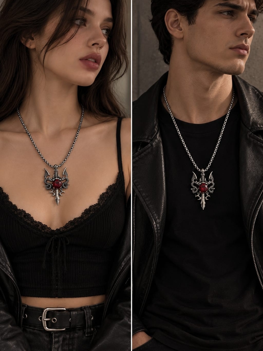 Sterling Gothic Red Stone Pendant Necklace - Unisex Jewelry